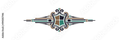 Decorative heraldic emblem with geometric and floral elements on black