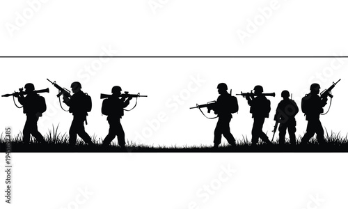 Silhouette of a group of soldiers walking in formation with guns isolated on white background