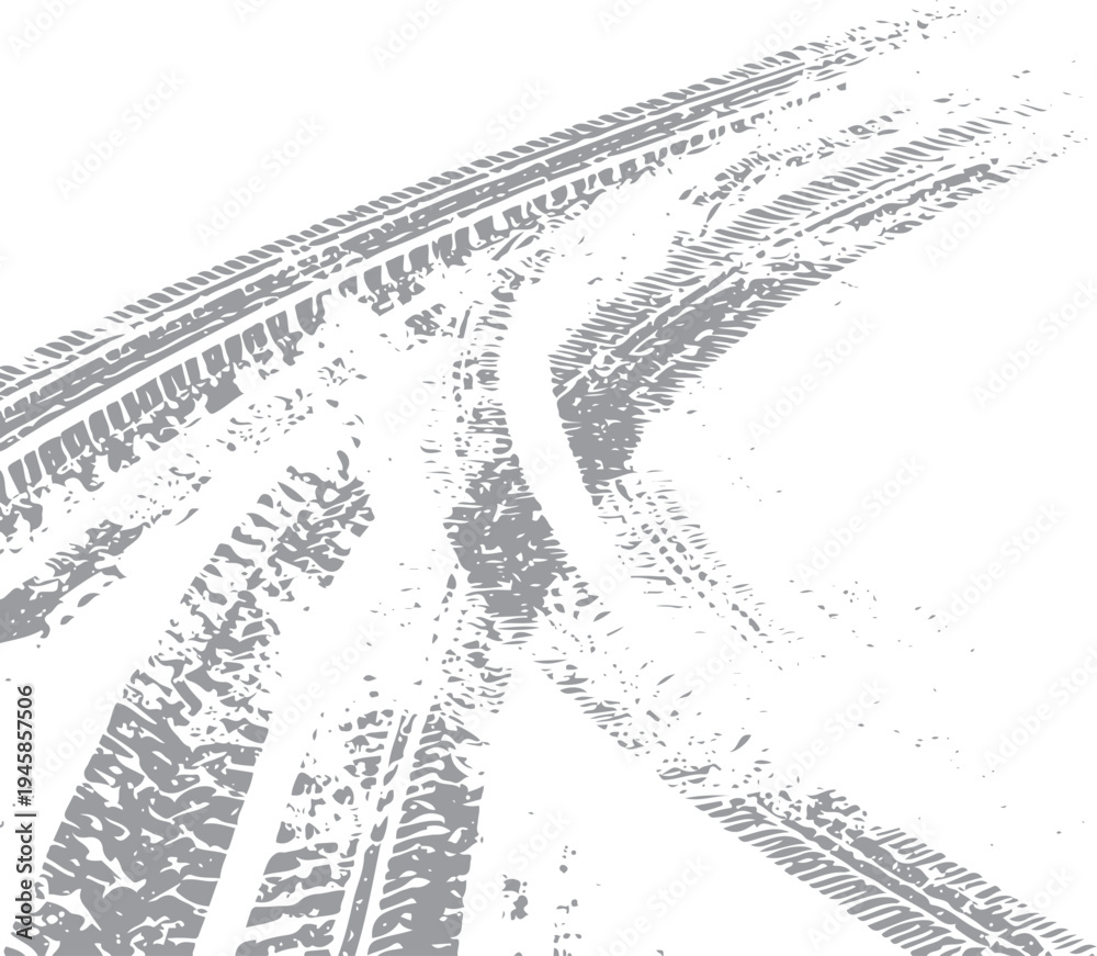 Fototapeta premium Gray tire tracks on white background car tracks grunge