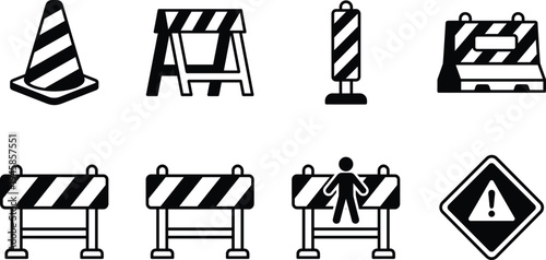 construction, road, barrier, icon, set, traffic, warning, safety, cone, sign, barricade, street, repair, black, silhouette, vector, illustration, collection, transport, design