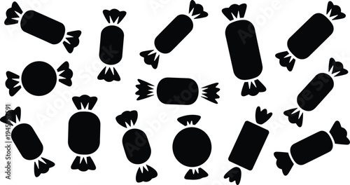 Halloween candy silhouette collection set, sweet treat icons, vector flat design elements, sugar snack food isolated wrap illustrations,