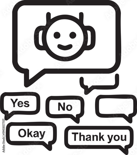 Robot face within a speech bubble with response options below it