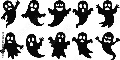 Halloween ghost silhouette collection, spooky phantom characters set, flying spirit icons, vector flat design elements, scary isolated illustrations,