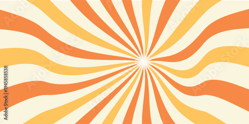 Swirling radial ice cream background. Orange groovy vortex spiral twirl. Twirl sunburst psychedelic pattern. Orange lollipop texture. Swirl candy background. Vector illustration.