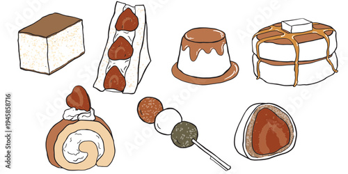 A collection of Japanese desserts and sweets featuring Castella cake, strawberry sando, pudding, pancakes, strawberry roll cake, dango, and strawberry daifuku in a hand-drawn vector style isolated