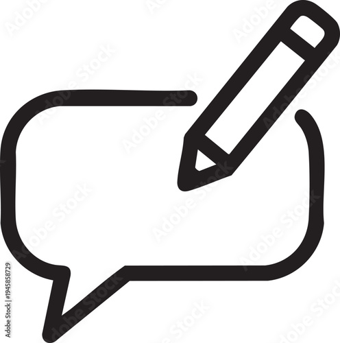A black outline of a pencil inside a speech bubble icon