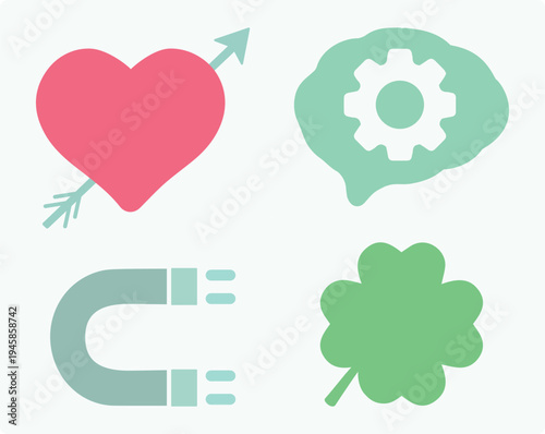 Heart, romance, love, luck, passion, clover, abundance, fortune, good luck, prosperity. Talisman, amulet, horseshoe, attraction, intelligence, mind. Set, icon, shape, symbol