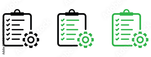 Clean, modern icon set shows a clipboard with a checklist and a gear symbol, representing task management, process, or workflow. Isolated on white.