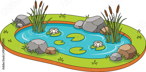 Small natural pond landscape with water lilies reeds rocks and plants peaceful garden lake vector illustration