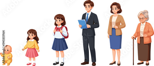 Human life stages concept illustration showing baby child schoolgirl adult man woman and elderly grandmother aging progression vector
