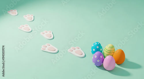 Fun Easter egg hunt game concept with cute white bunny paw prints leading to a pile of colorful painted eggs on a sunny pastel mint background. 3D render.