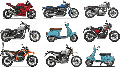 Motorcycles and scooters collection sport bike cruiser dirt bike and scooter flat vector illustration set isolated