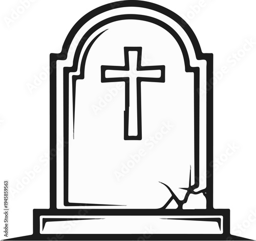 A cracked, arch-topped gravestone with a simple cross silhouette