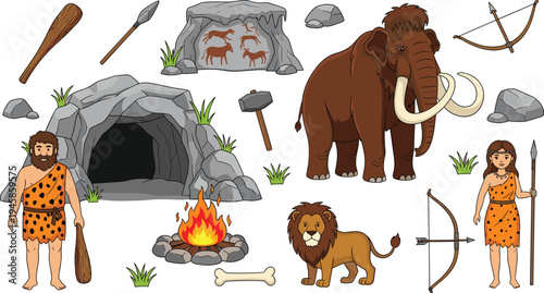 Prehistoric cavemen tools cave mammoth lion and fire stone age life flat vector illustration set