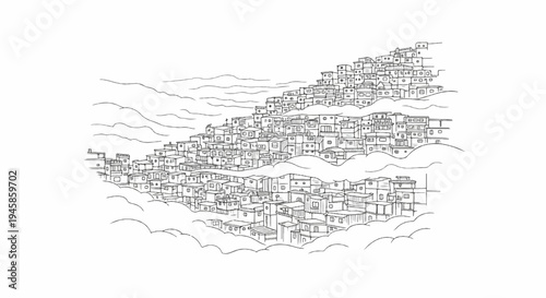A dense, stacked collection of small buildings on a hillside, partially obscured by clouds