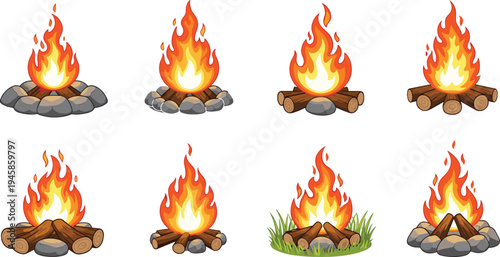 Campfire flames collection burning fire with logs and stones camping bonfire flat vector illustration set isolated