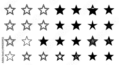 Stars black and white vector set with outlined and filled shapes featuring star icons, star collection, star symbols