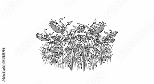 A detailed line drawing depicts a dense field of sunflowers with full heads and foliage