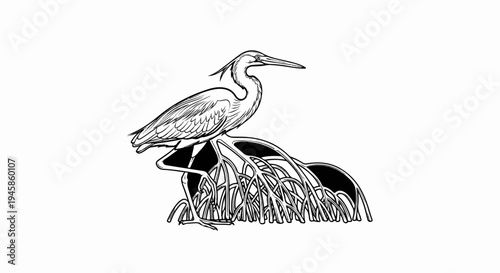 A delicate line drawing depicts a long-legged bird standing on tangled roots