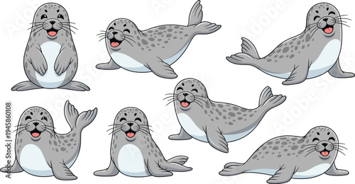Cute seal cartoon characters collection playful marine animals with different poses flat vector illustration set isolated