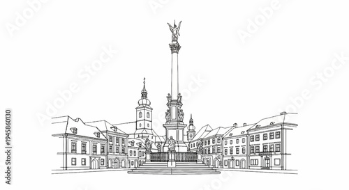 A detailed sketch of a town square featuring a tall monument and surrounding buildings