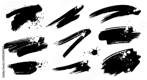 Brushstrokes black grunge set with smudged and splattered ink effects on white featuring background, texture, abstract