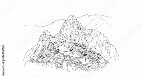 A detailed sketch of an ancient stone citadel nestled among dramatic mountain peaks
