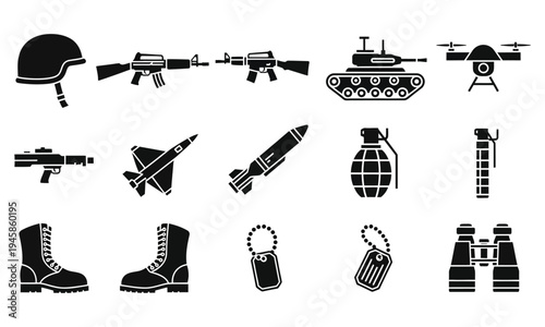 Collection of various military icons and symbols in black silhouette on white background