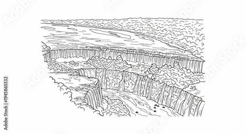 A dramatic waterfall cascades into a deep gorge, surrounded by lush vegetation