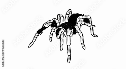 A detailed, monochrome illustration of a hairy tarantula spider