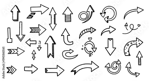 Arrows hand drawn set with black curved lines, straight, and bent shapes. featuring vector, illustration, graphic with