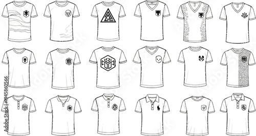 A collection of hand-drawn t-shirts and polos with various graphic designs and patterns
