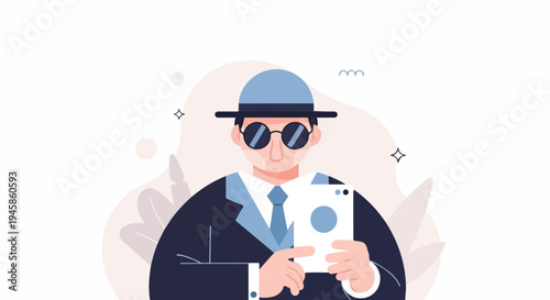 A flat design illustration of a person in a hat and sunglasses holding a tablet