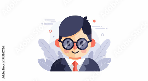 A flat illustration features a smiling man wearing glasses, a suit, and tie