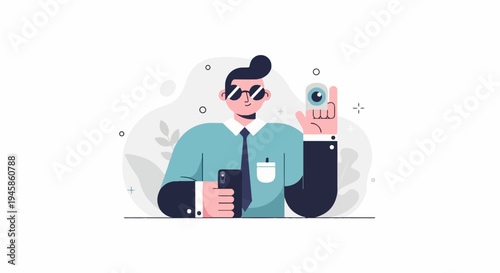 A flat design illustration of a man in sunglasses holding a phone and a camera lens