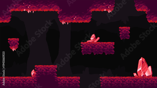 Retro pixel crystal cave platform game background
