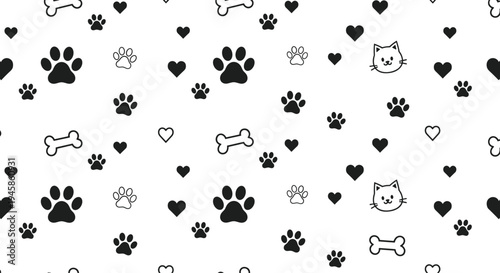 Cute Pet Pattern with Paw Prints Hearts Bones and Cat Faces Seamless Animal Background Design