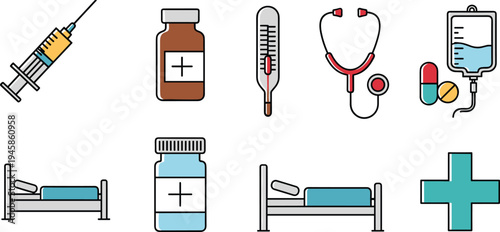 Medical Healthcare Icon Set with Syringe Medicine Bottle Thermometer Stethoscope Hospital Bed IV Drip and First Aid Cross