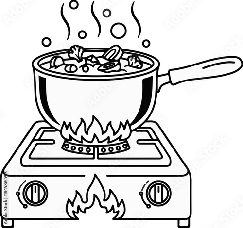 A cooking pot with food is heated on a portable gas stove with flames