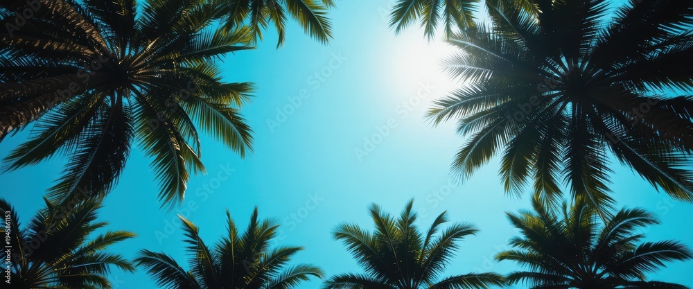 Fototapeta premium Vibrant View of Palm Trees Silhouetted Against a Bright Blue Sky with Radiant Sunlight