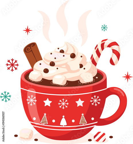Christmas Hot Chocolate Mug Illustration with Marshmallows Candy Cane Cinnamon Stick and Winter Holiday Decoration