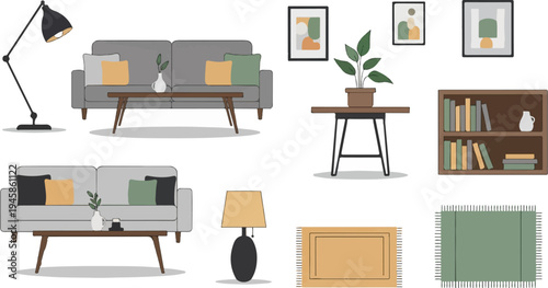 A collection of modern living room furniture and decor items arranged