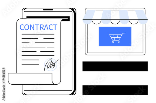 Tablet displaying signed contract and storefront with shopping cart icon. Ideal for e-commerce, agreements, digital business, online transactions, legal tech, remote collaboration, simple flat