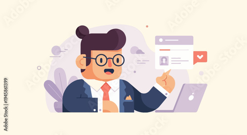 A businessman with glasses and a bun hairstyle points to a digital profile