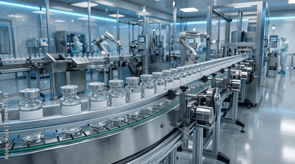 Fototapeta premium Pharmaceutical Vials Automatic Production Line in Modern Factory for Vaccine Manufacturing and Biotechnology Drug Development