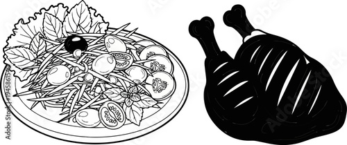 A fresh salad with olives and tomatoes next to grilled chicken legs