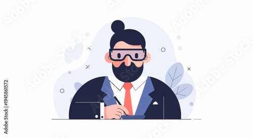 A cartoon man with a bun, beard, and goggles works at a desk