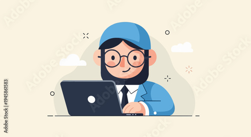 A cartoon man with glasses and a beard wearing a blue cap and suit