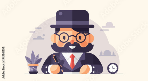 A cartoon man with glasses and hat writing at a desk with a plant and clock