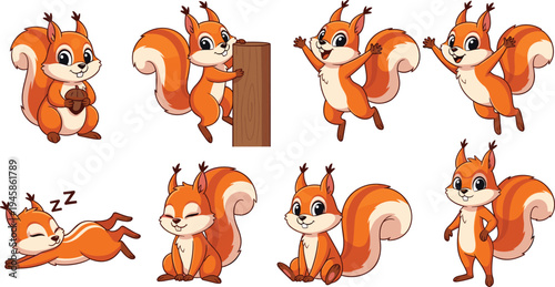 Cute squirrel cartoon characters collection holding acorn climbing jumping and sleeping flat vector illustration set isolated
